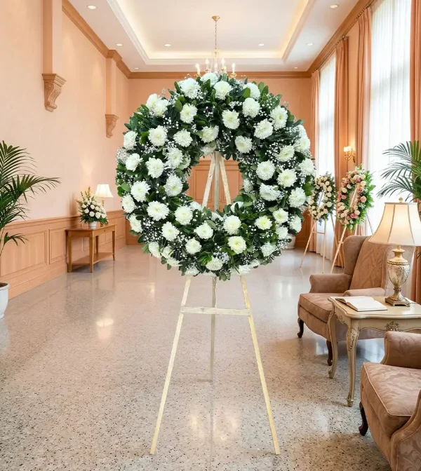 Ofrecemos corona de flores para muerto con crisantemos en diferentes tamaños y estilos, con atención profesional y entrega puntual