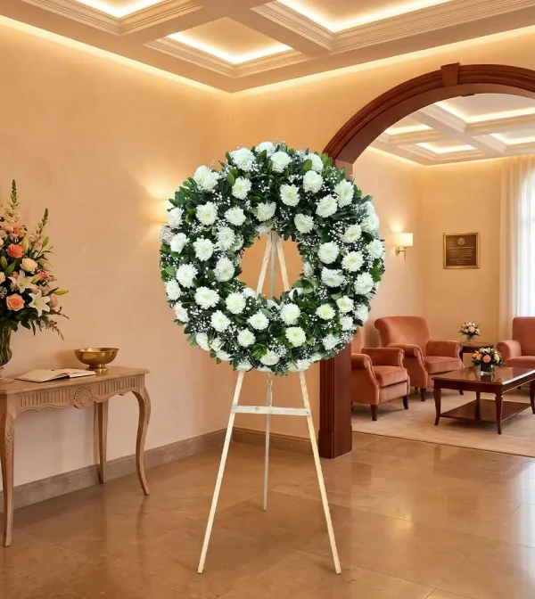 Corona de flores para muerto con crisantemos, una opción tradicional y respetuosa para expresar condolencias sinceras