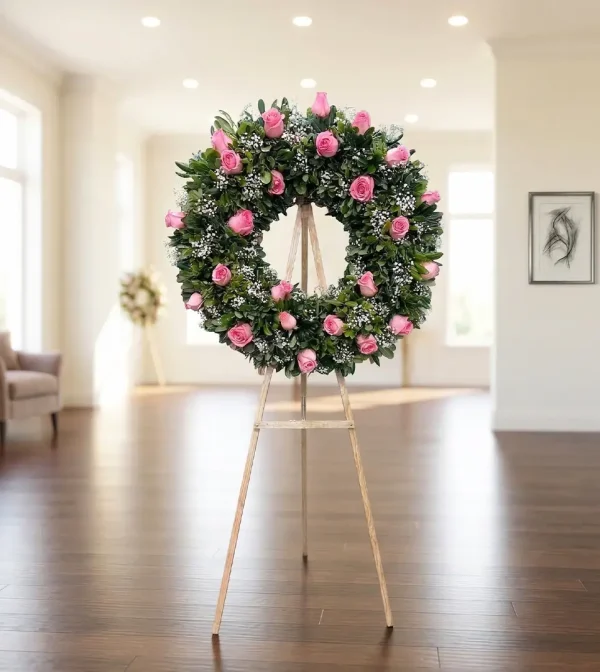 Corona de flores precios rosas rosas, corona fúnebre elegante y delicado que transmite cariño, gratitud y un recuerdo lleno de paz.