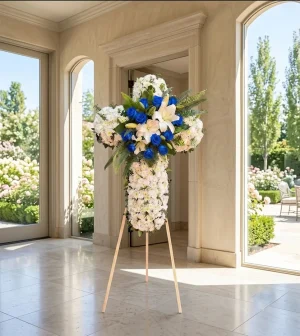 Cruz con flores para funeral y rosas azules entrega el mismo dia en la ciudad de México